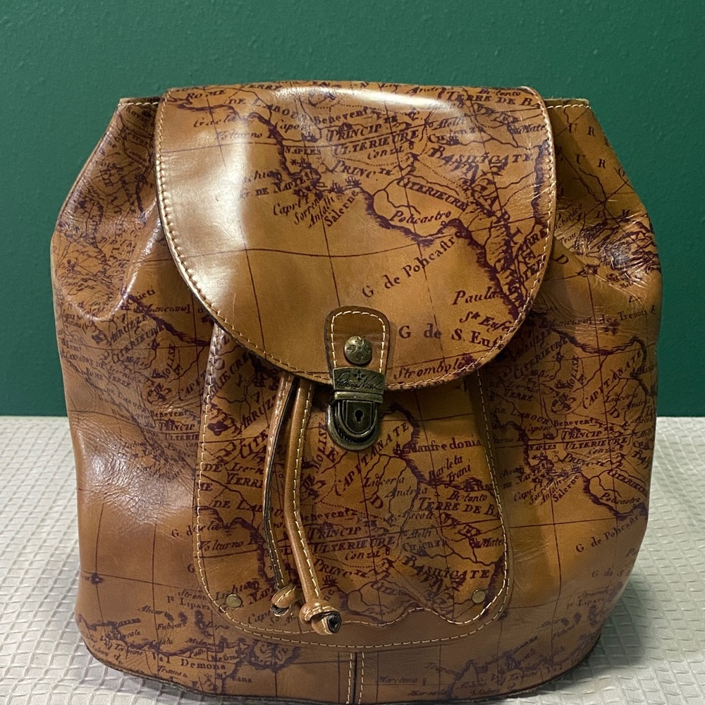 Vintage Map-Print Brown Leather Backpack
